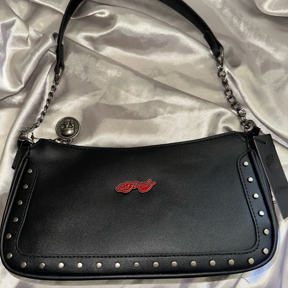 Ed Hardy Black and Red Studded Shoulder Bag